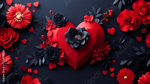 Festive valentines day card design with a three dimensional heart red and black color palette and romantic elements perfect for February 14th celebrations