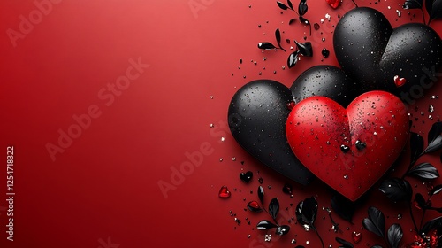 Festive valentines day card design with a three dimensional heart red and black color palette and romantic elements perfect for February 14th celebrations