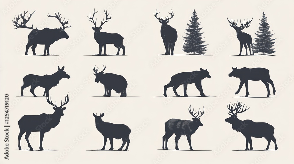 Obraz premium Twelve deer silhouettes, various poses and antler sizes, against a neutral background.