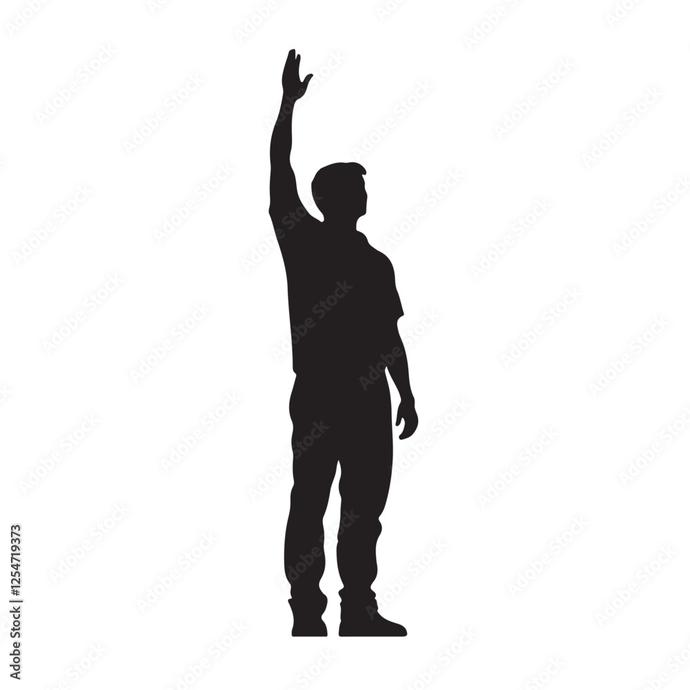 Silhouette of a Man Standing with One Hand Raised Silhouette of a Man Standing with One Hand Raised