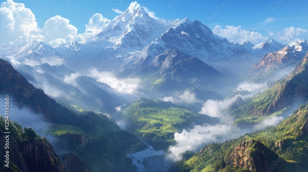 Fototapeta premium A breathtaking view of snow-capped mountains with lush green valleys below, surrounded by mist and cool