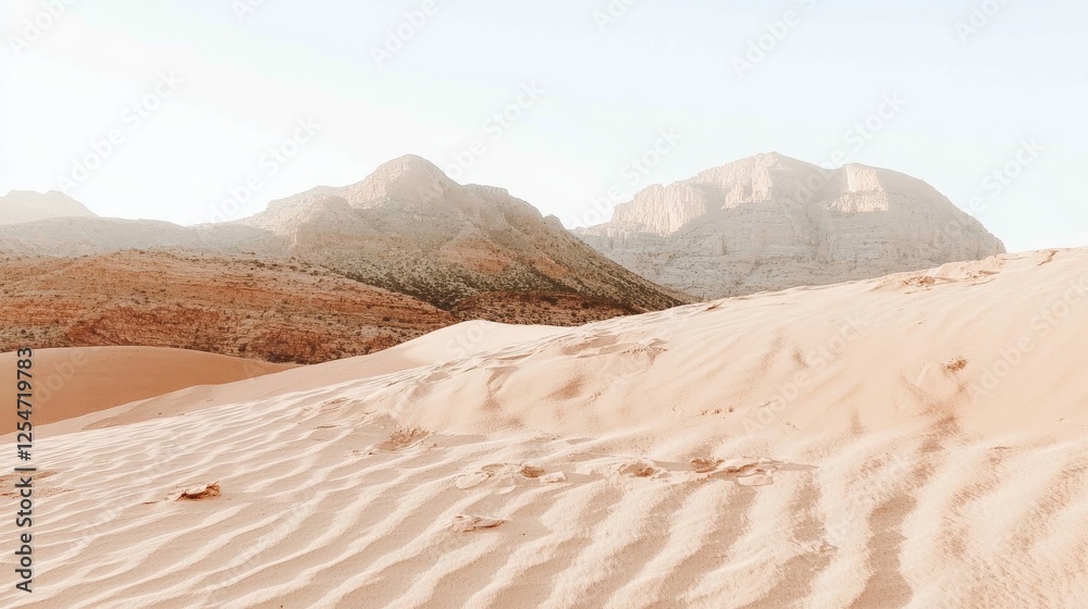 Desert landscape with dunes and mountains basking under a golden sun during early morning hours Desert landscape with dunes and mountains basking under a golden sun during early morning hours
