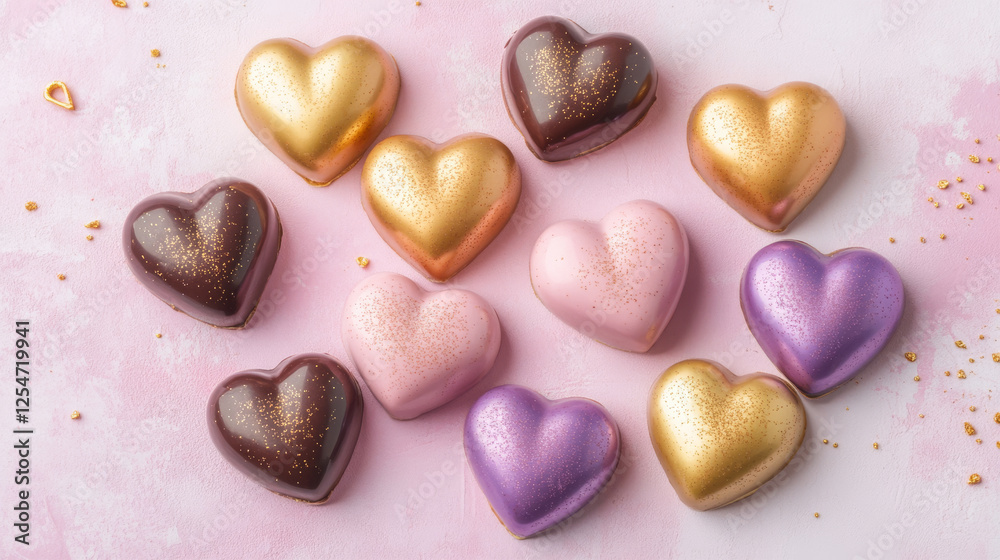 Obraz premium Heart shaped cho tes in pink, purple, and gold on pink background