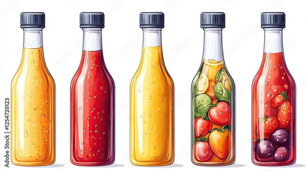 Colorful Bottles of Juices and Smoothies on a White Background with Fresh Ingredients Colorful Bottles of Juices and Smoothies on a White Background with Fresh Ingredients