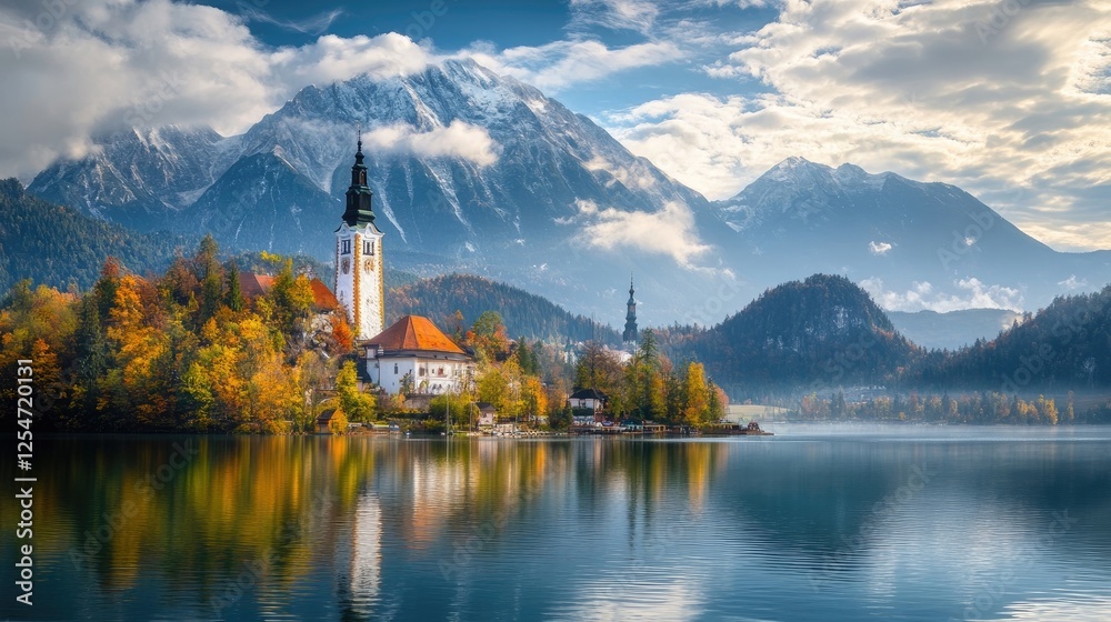 Fototapeta premium Beautiful alpine lake surrounded by majestic mountains.