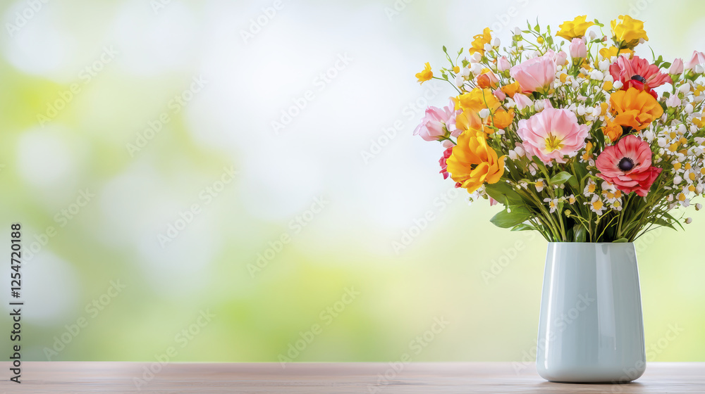 Bright bouquet of colorful flowers in vase on wooden table, creating cheerful atmosphere Bright bouquet of colorful flowers in vase on wooden table, creating cheerful atmosphere