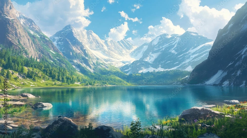 Fototapeta premium Beautiful alpine lake surrounded by majestic mountains.