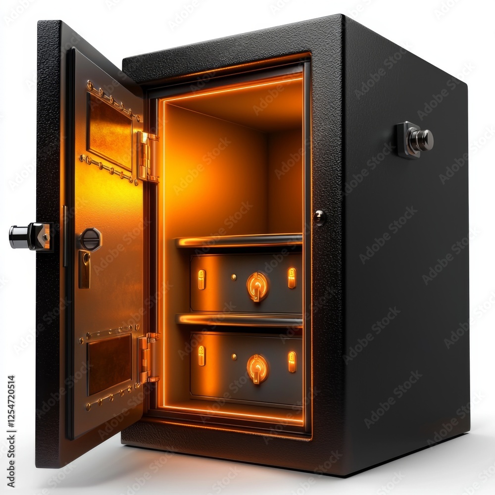Fototapeta premium Large Black Safe with Open Door and Bright Orange Interior Lighting Displaying Security Features and Storage Options