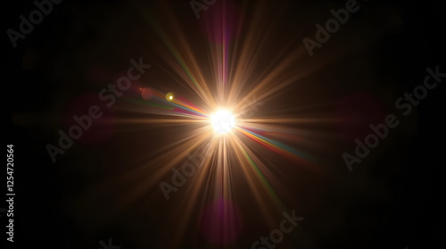 Bright Starburst Effect: Golden Light Rays Radiating from a Central Point, Dramatic Lens Flare, Abstract Light Painting, High-Contrast Dark Background, Optical Phenomenon