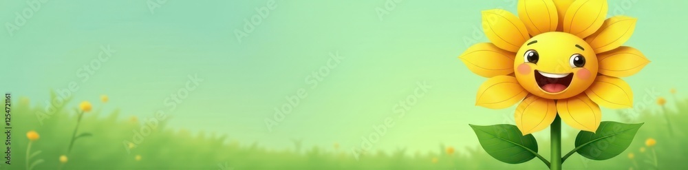 Smiling cartoon sunflower, simple style, green stem , simple, imagery Smiling cartoon sunflower, simple style, green stem , simple, imagery