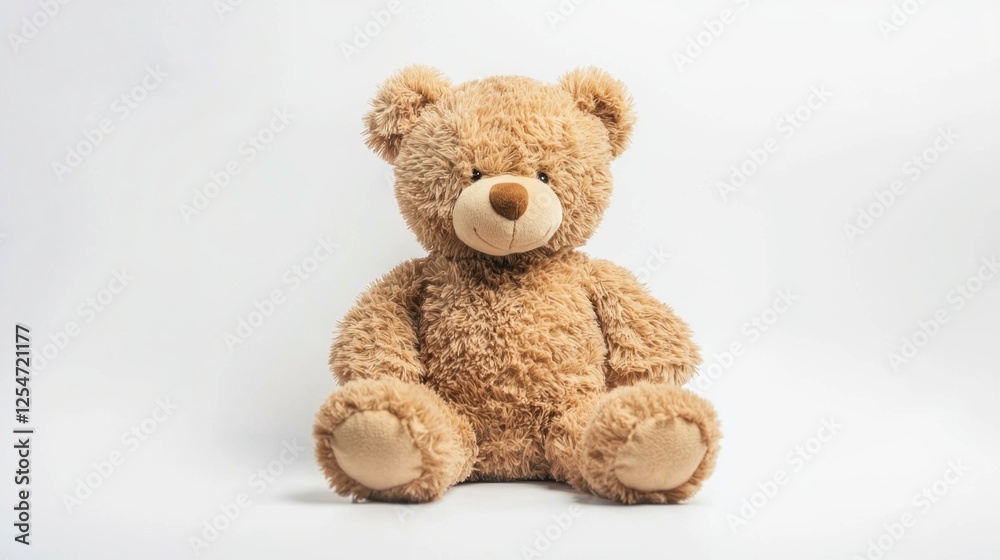 Obraz premium A soft, fluffy teddy bear with a warm expression rests on a light surface, inviting cuddles and companionship. Its inviting presence enhances any cozy atmosphere