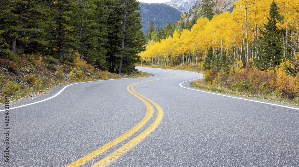 Fototapeta premium Winding road through vibrant autumn trees, showcasing nature beauty