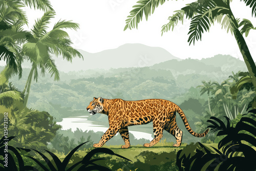 Fototapeta Naklejka Na Ścianę i Meble -  leopard walking through lush jungle landscape with palm trees