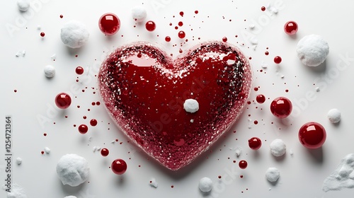 Glistening red heart surrounded by abstract nubes and shiny textures set against a white background symbolizing romance and love perfect for wedding or valentine themed cards