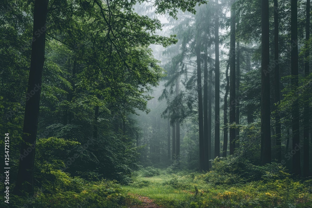 Obraz premium Misty forest path, green trees, nature, calm background, travel