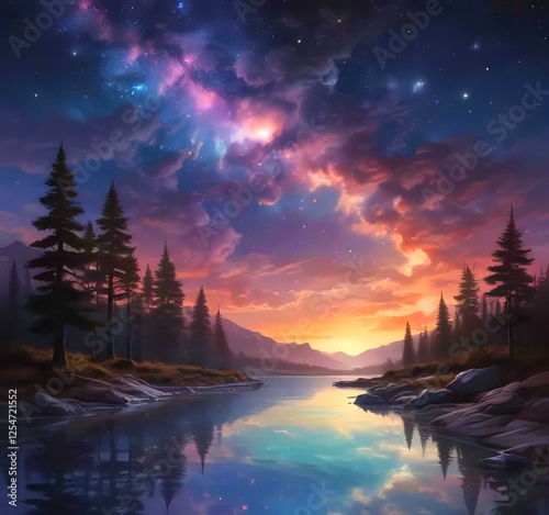 Illustration of landscape with starry sky.