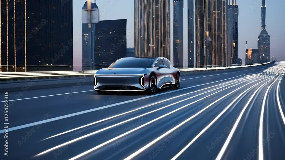 A sleek self-driving electric car navigating a futuristic smart city ...