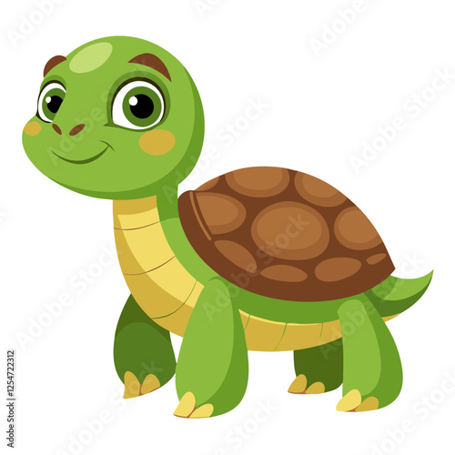 A cute turtle with a smiling face and a textured shell stands happily on a bright background. This cheerful reptile radiates joy while showcasing its friendly personality