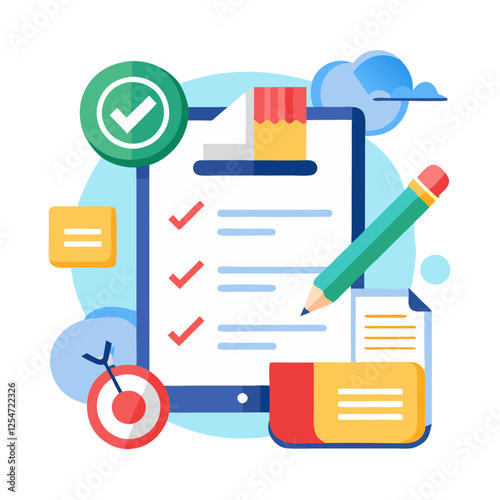 A digital workspace showcases the document review process, featuring checklists, notes, and checkmarks representing grammar and spelling correction efforts