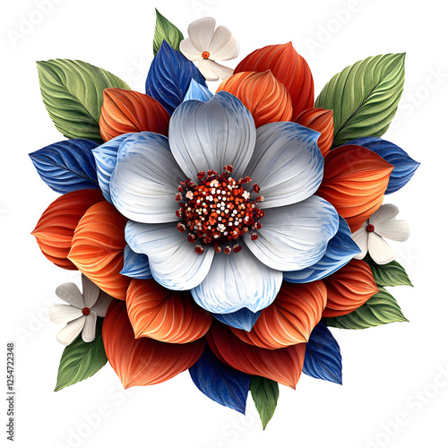 Stylized floral arrangement with vibrant petals and leaves, isolated on a transparent background.