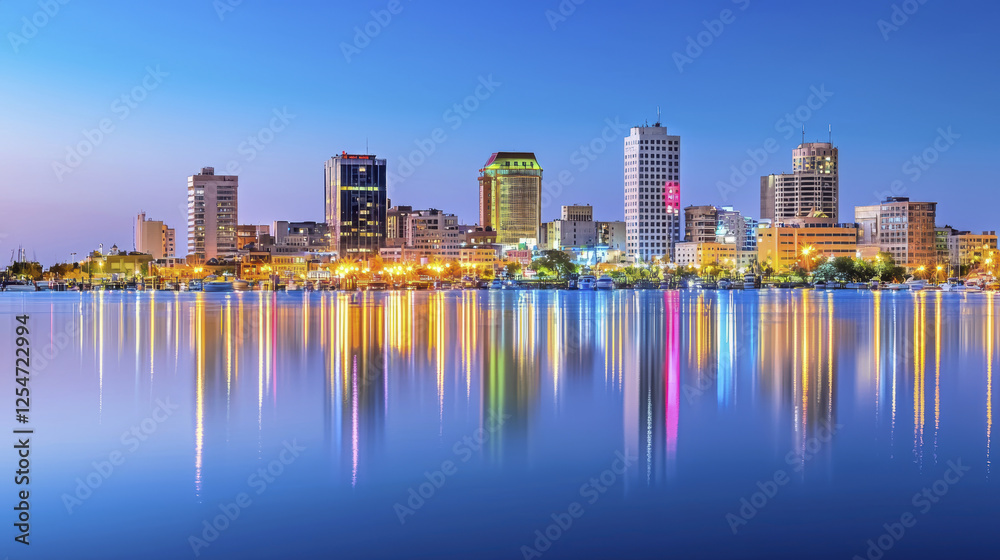 Fototapeta premium stunning city skyline at dusk, reflecting on calm water, showcasing vibrant lights and modern architecture