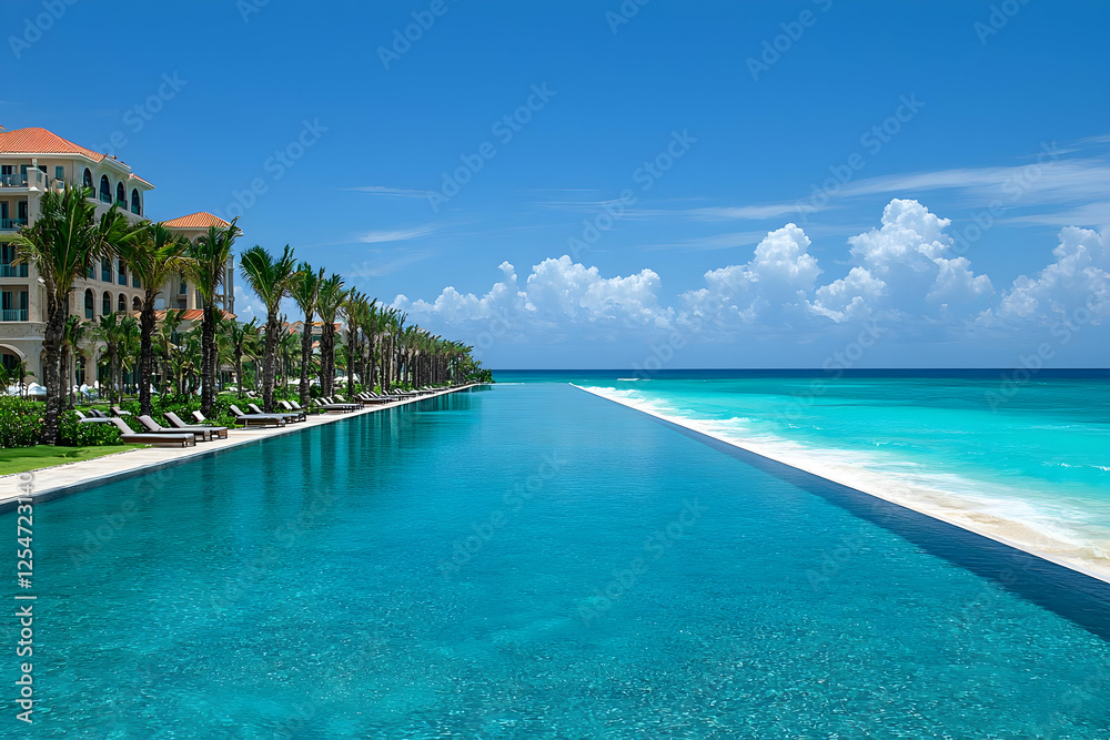 Obraz premium Infinity pool, resort, turquoise ocean, beach, sunny day; travel brochure