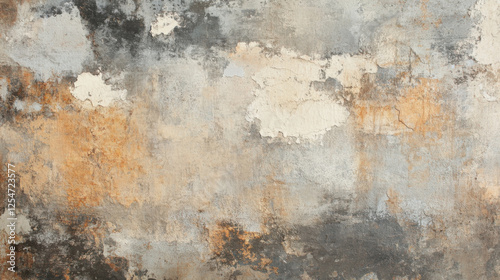 Aged textured wall with rustic and weathered appearance, featuring peeling paint and earthy tones. surface displays mix of gray, orange, and white patches, creating abstract pattern