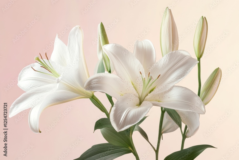 Elegant white lilies in full bloom, delicate petals and lush green leaves against a soft pink background. Elegant white lilies in full bloom, delicate petals and lush green leaves against a soft pink background.
