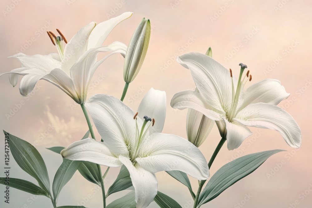 Fototapeta premium Three elegant white lilies, a symbol of purity and grace, bloom against a soft pastel background.
