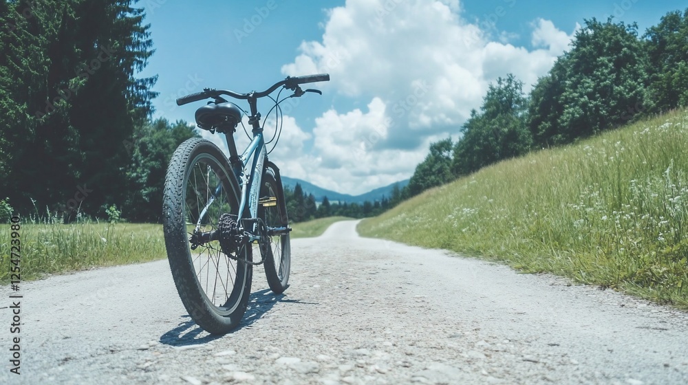 Obraz premium Mountain Bike on Country Road, Sunny Day, Forest Background