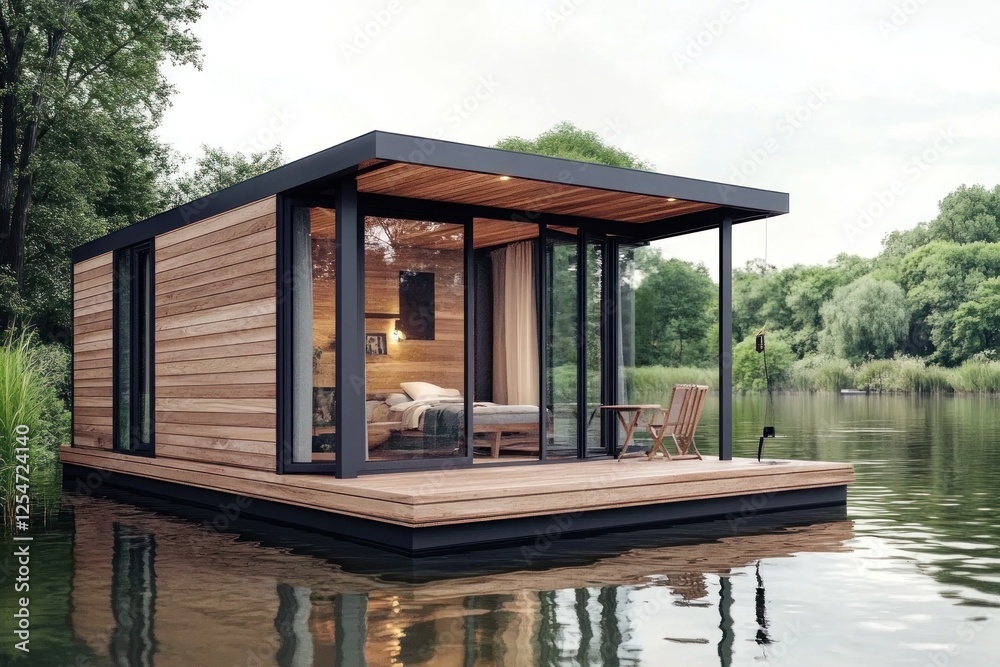 Fototapeta premium Luxury Floating Cabin on a Serene Lake
