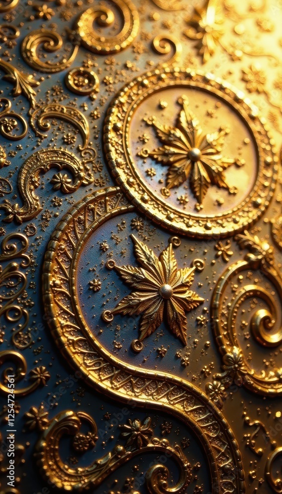 Intricate golden holographic foil, metallic sheen , pattern, design, holographic