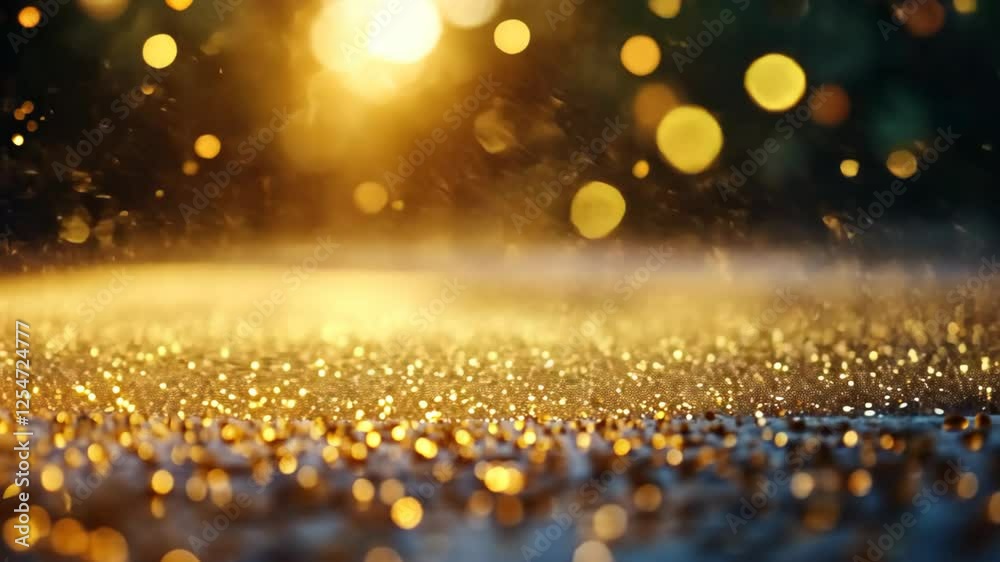 dreamy glamour gold bokeh light with glitter glow gently floating around, abstract gold background	
