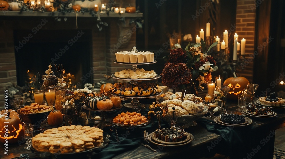 A beautifully arranged Halloween feast with pumpkins, candles and delicious treats A beautifully arranged Halloween feast with pumpkins, candles and delicious treats