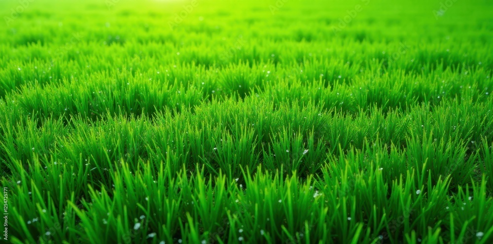 Fototapeta premium Panoramic view of artificial grass field Lush green, seamless texture , wide shot, football, synthetic grass