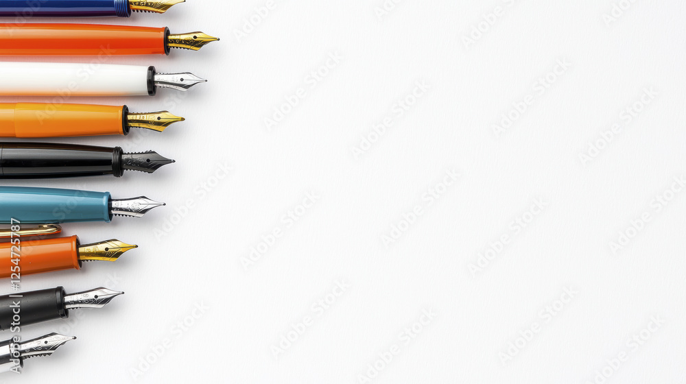 Fototapeta premium Fountain pens arranged in row on white background, showcasing various colors and designs