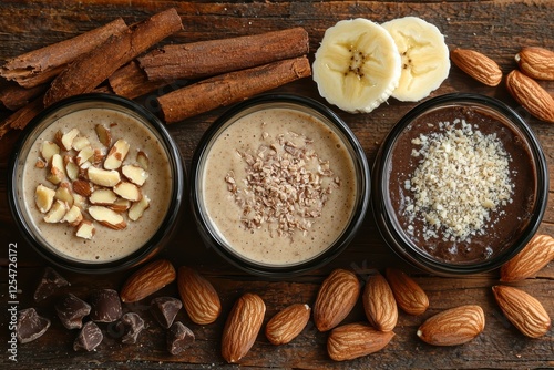 Delicious almond butter cacao smoothie kitchen food photography rustic setting close-up healthy lifestyle