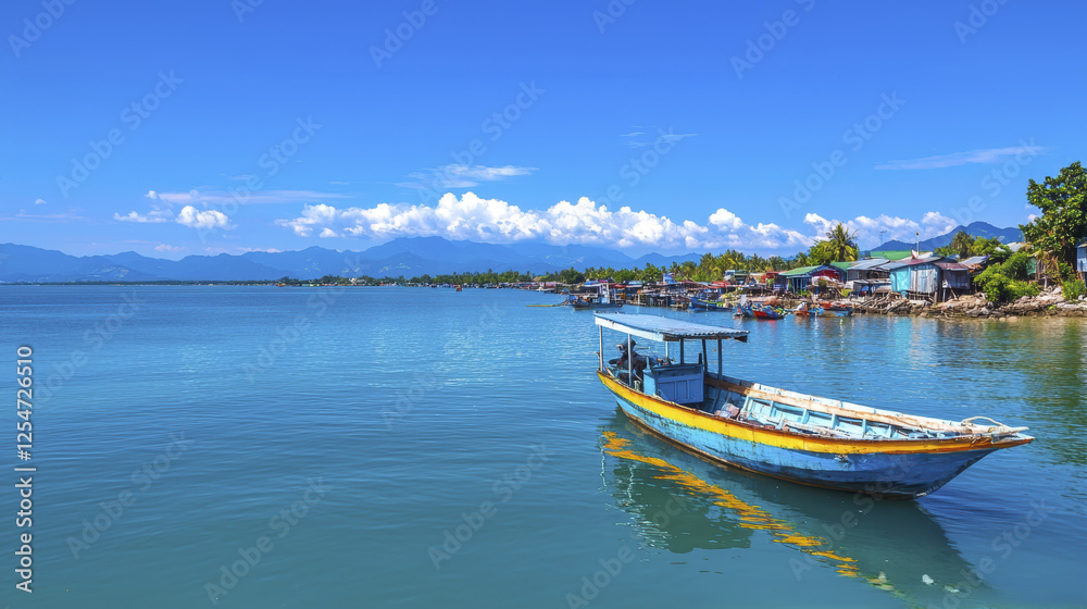serene view of traditional boat on calm waters, surrounded by mountains and vibrant village serene view of traditional boat on calm waters, surrounded by mountains and vibrant village