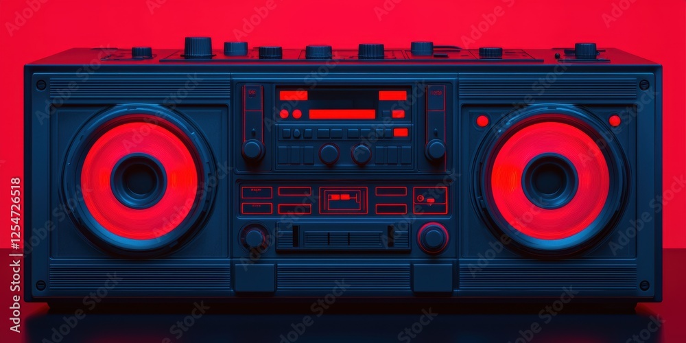 Fototapeta premium A retro-style boombox with vibrant red accents, featuring large speakers and a sleek design, set against a contrasting background.