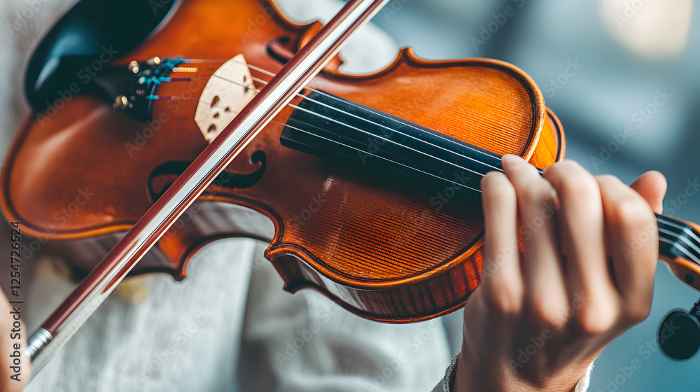 of a violin being played, with detailed focus on the strings and musician’s hands of a violin being played, with detailed focus on the strings and musician’s hands