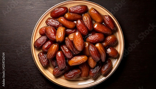 A beautifully arranged plate of fresh, glossy dates with a rich caramel-brown color