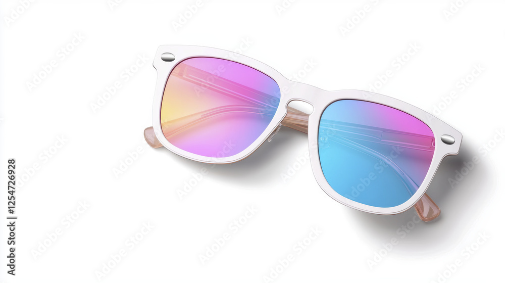 Stylish sunglasses with colorful lenses on white background, perfect for summer fashion Stylish sunglasses with colorful lenses on white background, perfect for summer fashion
