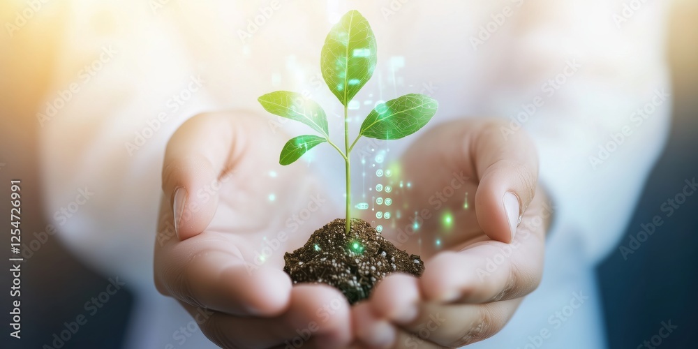 Young Plant Growing in Hands with Digital Elements Symbolizing Growth, Sustainability, and Environmental Responsibility in a Modern Context Young Plant Growing in Hands with Digital Elements Symbolizing Growth, Sustainability, and Environmental Responsibility in a Modern Context