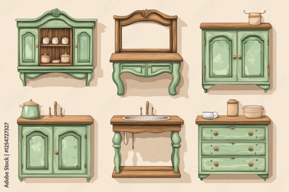 Fototapeta premium Vintage green kitchen furniture set with wooden accents