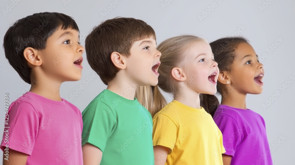Singing children in colorful shirts express joy and unity together Singing children in colorful shirts express joy and unity together