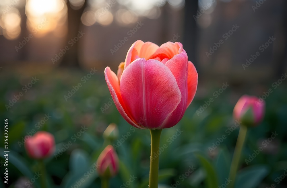 Fototapeta premium Fresh and bright pink tulips in full bloom, the tulips in the background are blurred. Flower growing concept, flower shop, small business