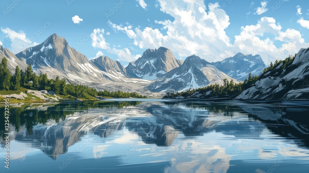 Reflective lake surrounded by rugged peaks in a pristine setting. Reflective lake surrounded by rugged peaks in a pristine setting.