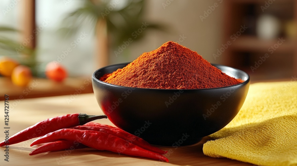 A bowl of red chili powder with fresh chilies beside it on a wooden surface. A bowl of red chili powder with fresh chilies beside it on a wooden surface.