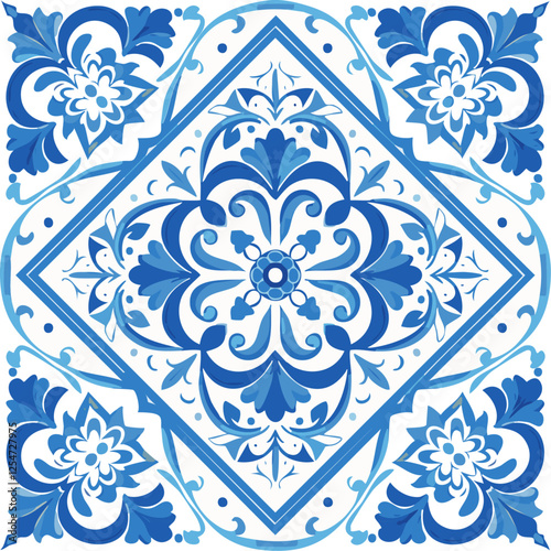 Traditional ceramic tiles Azulejo vector illustration. Italian print and pattern for fabric and wallpaper. Sicilian majolica in blue tones. Ornament in Mediterranean style.
