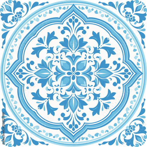 Traditional ceramic tiles Azulejo vector illustration. Italian print and pattern for fabric and wallpaper. Sicilian majolica in blue tones. Ornament in Mediterranean style.